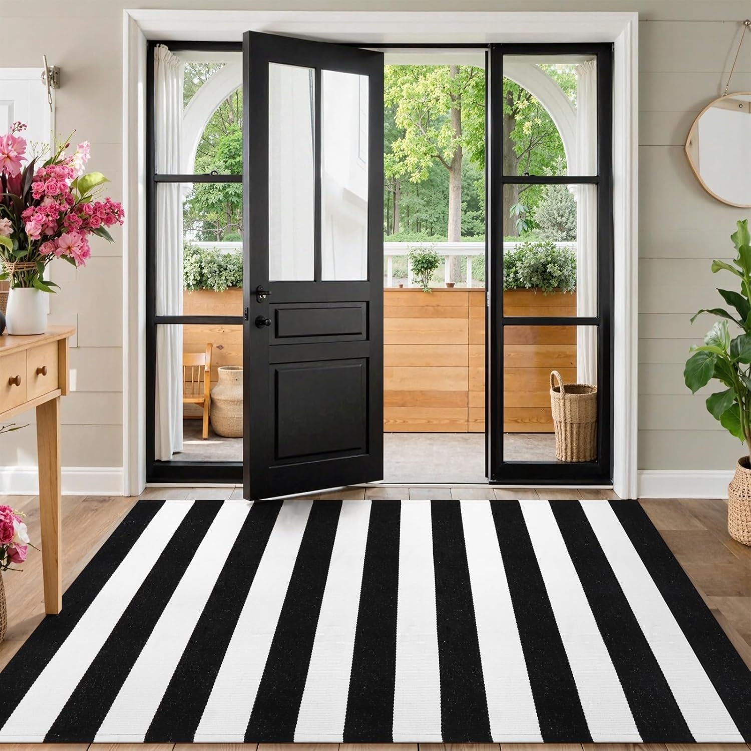 Black and White Rug 4'X 6', Washable Striped Outdoor Indoor Rug,Farmhouse Cotton Woven Layered Door Mat,Front Porch Decor Door Mat for Front Door Patio Porch Living Room Kitchen