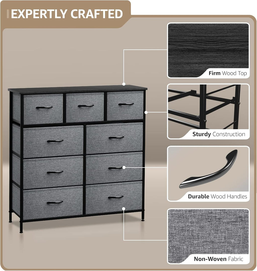 Dresser with 9 Drawers - Furniture Storage Chest Tower Unit for Bedroom, Hallway, Closet, Office Organization - Steel Frame, Wood Top, Easy Pull Fabric Bins (9 Drawers, Black)