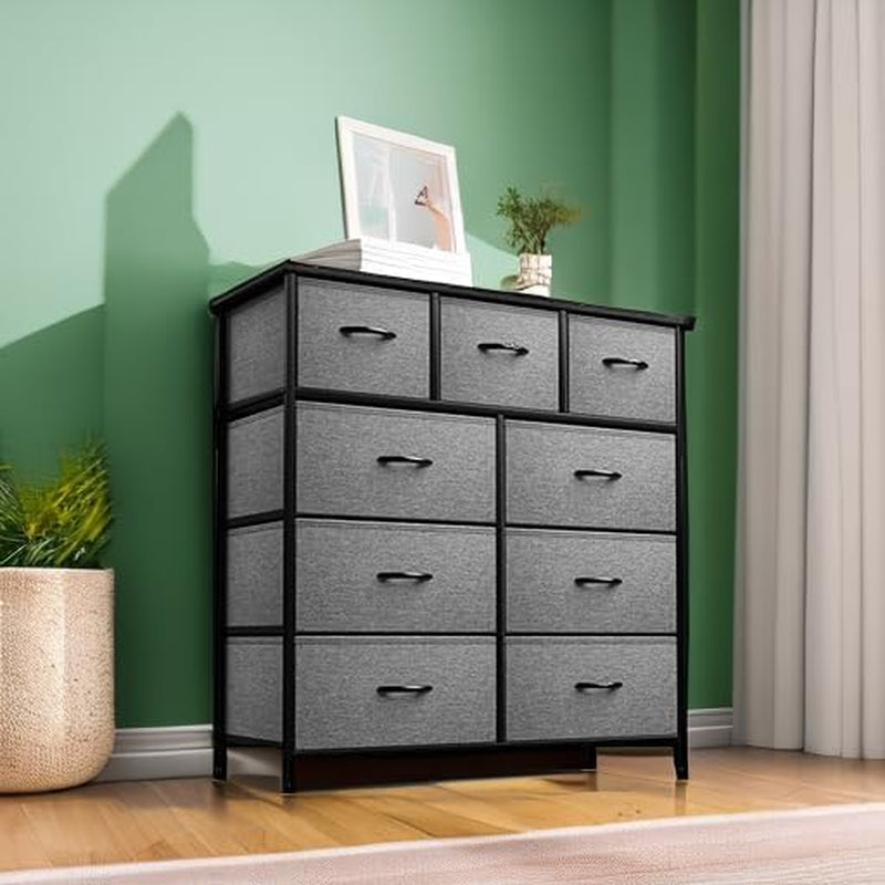 Dresser with 9 Drawers - Furniture Storage Chest Tower Unit for Bedroom, Hallway, Closet, Office Organization - Steel Frame, Wood Top, Easy Pull Fabric Bins (9 Drawers, Black)