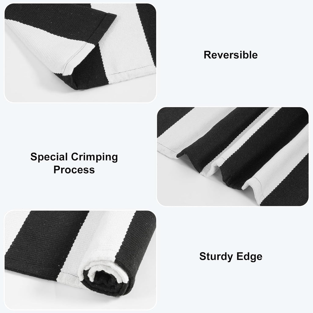 Black and White Rug 4'X 6', Washable Striped Outdoor Indoor Rug,Farmhouse Cotton Woven Layered Door Mat,Front Porch Decor Door Mat for Front Door Patio Porch Living Room Kitchen