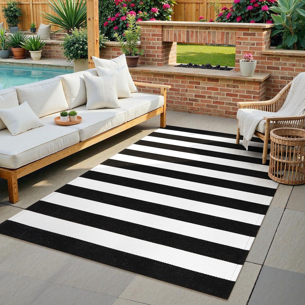 Black and White Rug 4'X 6', Washable Striped Outdoor Indoor Rug,Farmhouse Cotton Woven Layered Door Mat,Front Porch Decor Door Mat for Front Door Patio Porch Living Room Kitchen