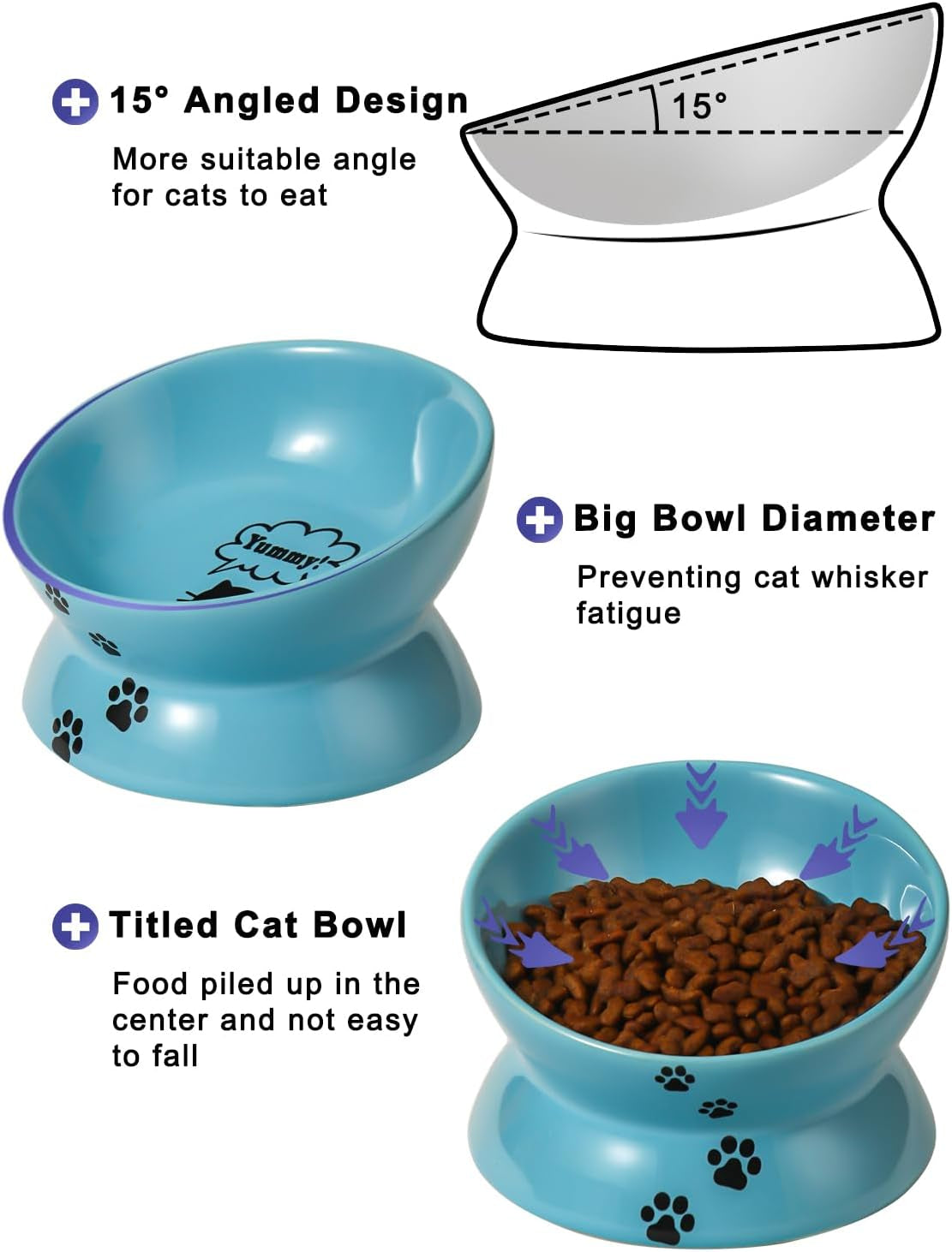 Elevated Cat Food Bowl, Ceramic Raised Bowl, Tilt Angle Protects Cat'S Spine, anti Vomiting Dish, Backflow Prevention, Lake Blue