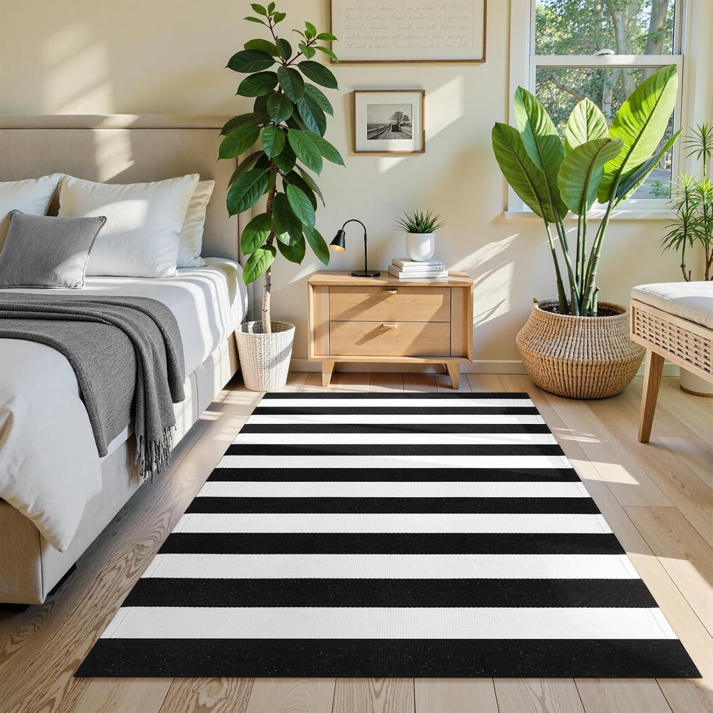 Black and White Rug 4'X 6', Washable Striped Outdoor Indoor Rug,Farmhouse Cotton Woven Layered Door Mat,Front Porch Decor Door Mat for Front Door Patio Porch Living Room Kitchen