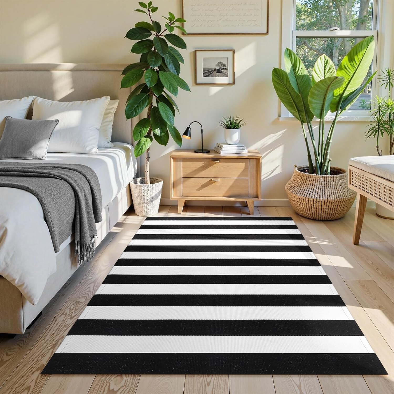 Black and White Rug 4'X 6', Washable Striped Outdoor Indoor Rug,Farmhouse Cotton Woven Layered Door Mat,Front Porch Decor Door Mat for Front Door Patio Porch Living Room Kitchen