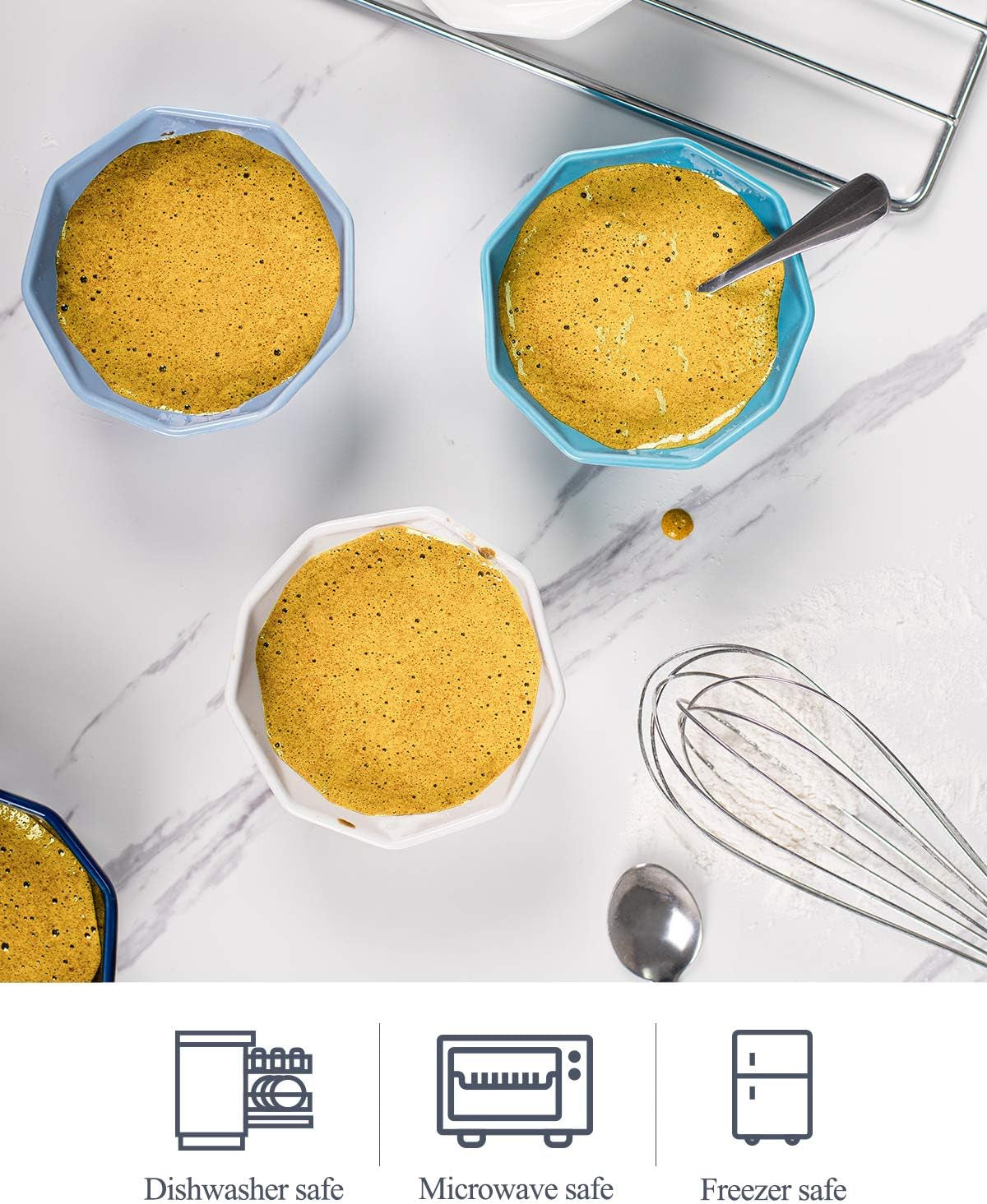 6 OZ Souffle Dishes Set - Ceramic Color Souffle Dish - Dessert/Snack Bowls for Kitchen, Souffle, Pudding, Creme Brulee, Ice Cream, Snack - Bowls Set of 6 Oven Safe, Color