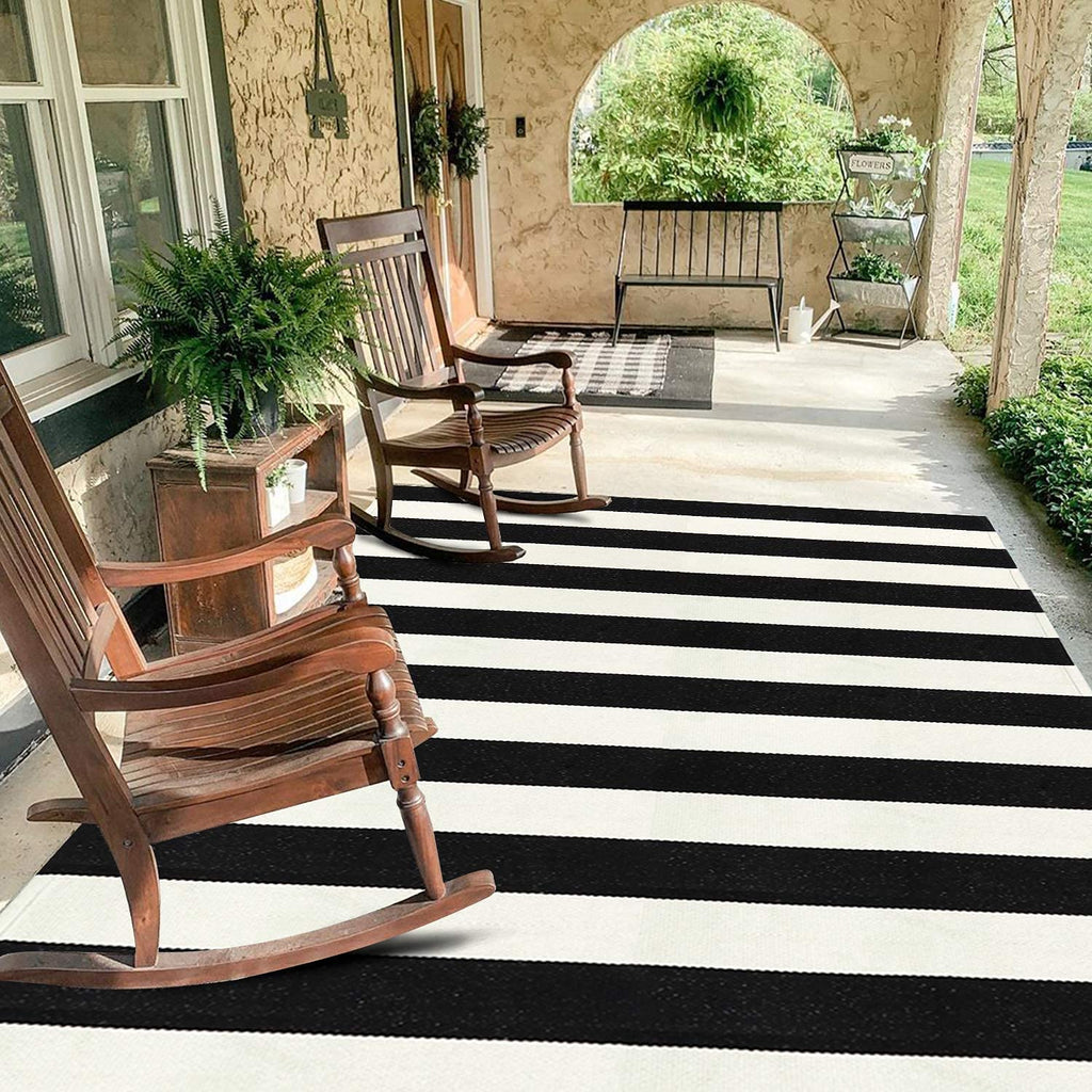 Black and White Rug 4'X 6', Washable Striped Outdoor Indoor Rug,Farmhouse Cotton Woven Layered Door Mat,Front Porch Decor Door Mat for Front Door Patio Porch Living Room Kitchen