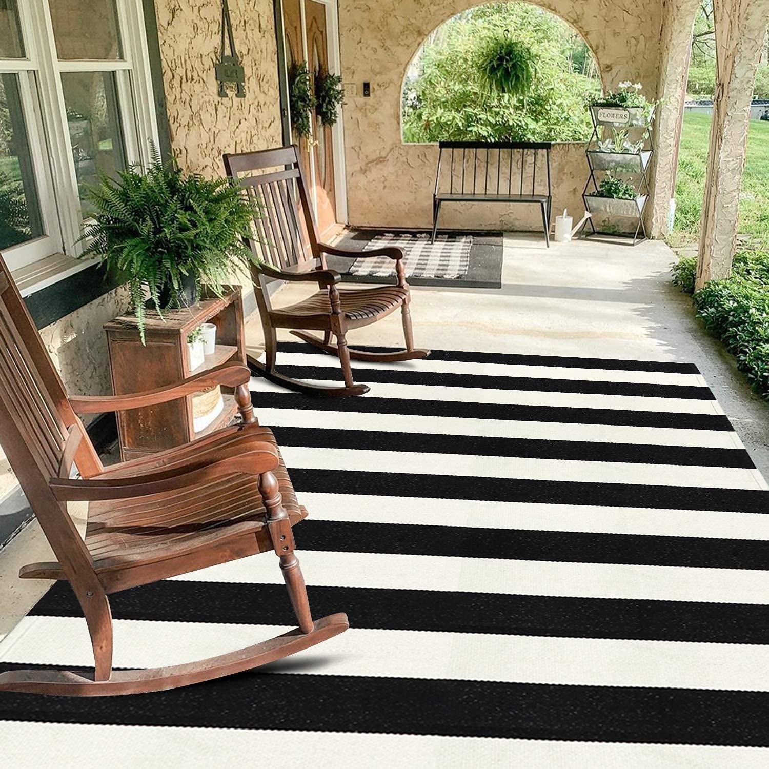 Black and White Rug 4'X 6', Washable Striped Outdoor Indoor Rug,Farmhouse Cotton Woven Layered Door Mat,Front Porch Decor Door Mat for Front Door Patio Porch Living Room Kitchen