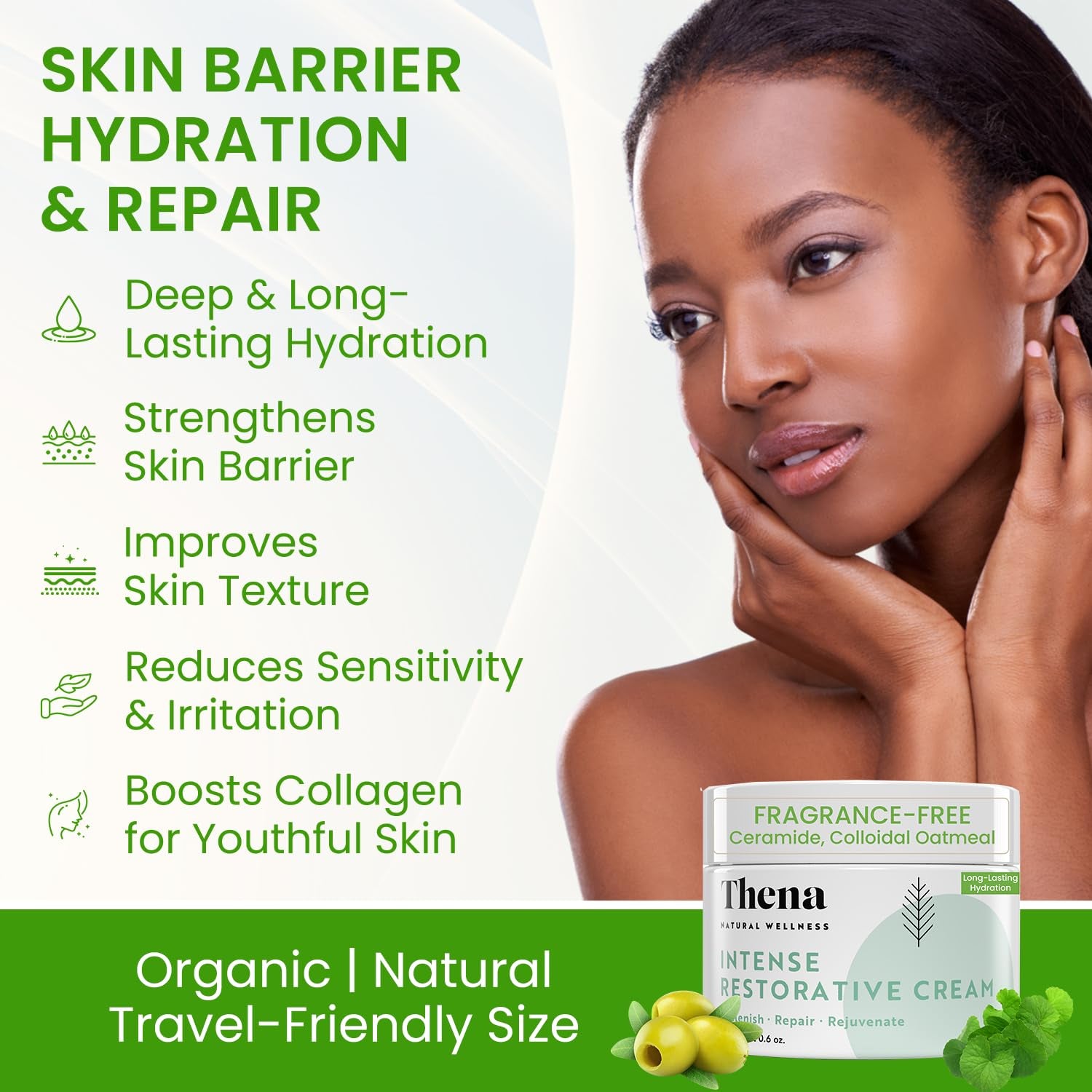 Barrier Repair Organic Face Cream Moisturizer with Ceramides Squalane Centella and Niacinamide, Fragrance Free, Non-Comedogenic, Gentle Soothing Hydration for Dry, Sensitive, Normal Skin, Travel Size