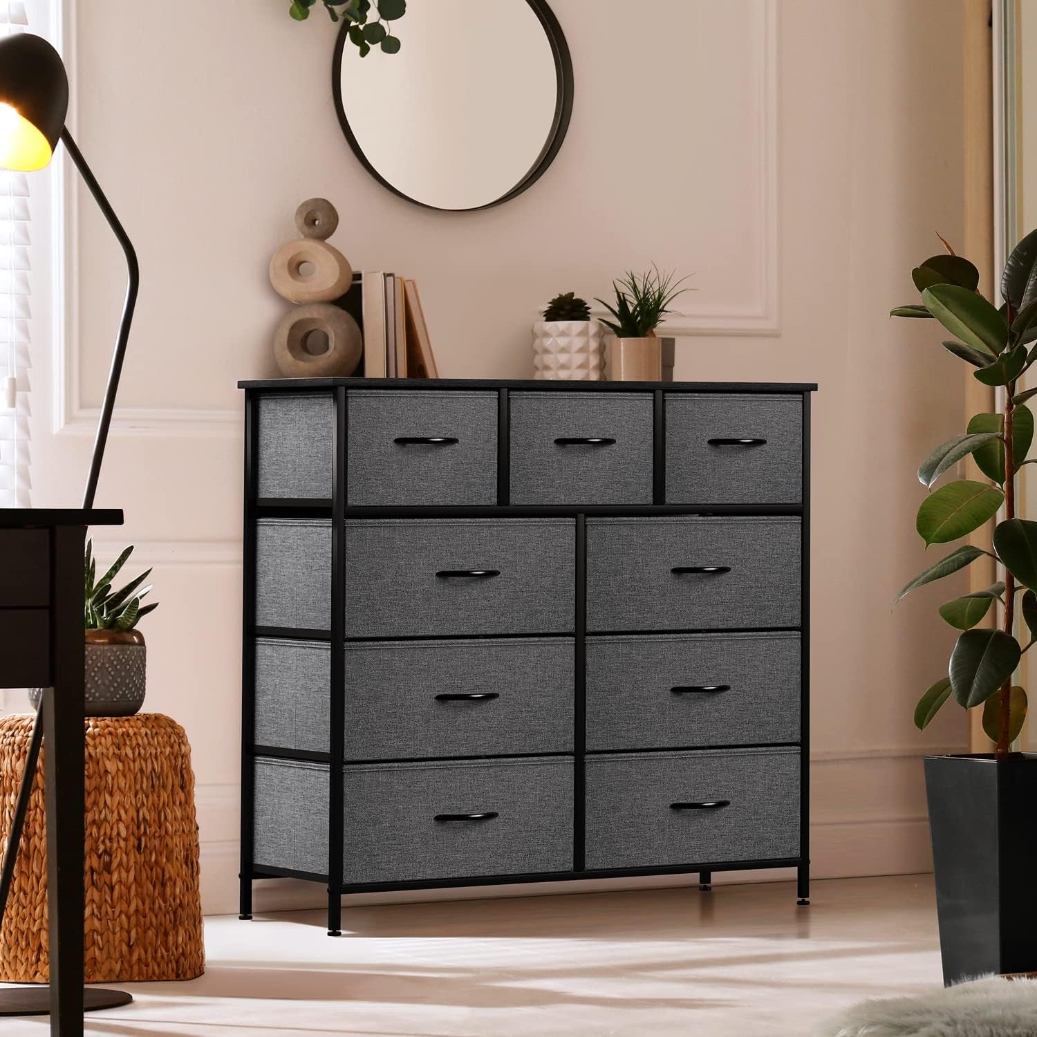 Dresser with 9 Drawers - Furniture Storage Chest Tower Unit for Bedroom, Hallway, Closet, Office Organization - Steel Frame, Wood Top, Easy Pull Fabric Bins (9 Drawers, Black)
