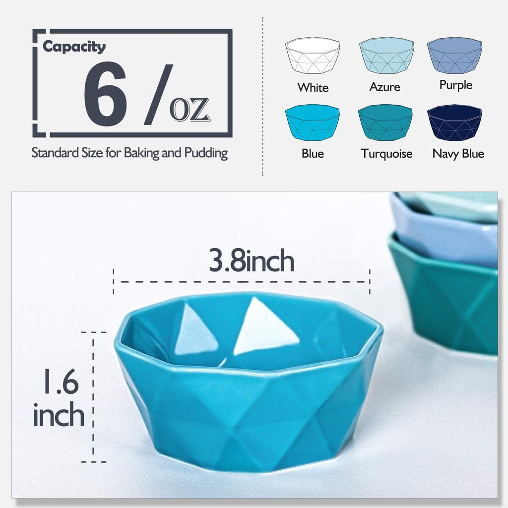 6 OZ Souffle Dishes Set - Ceramic Color Souffle Dish - Dessert/Snack Bowls for Kitchen, Souffle, Pudding, Creme Brulee, Ice Cream, Snack - Bowls Set of 6 Oven Safe, Color