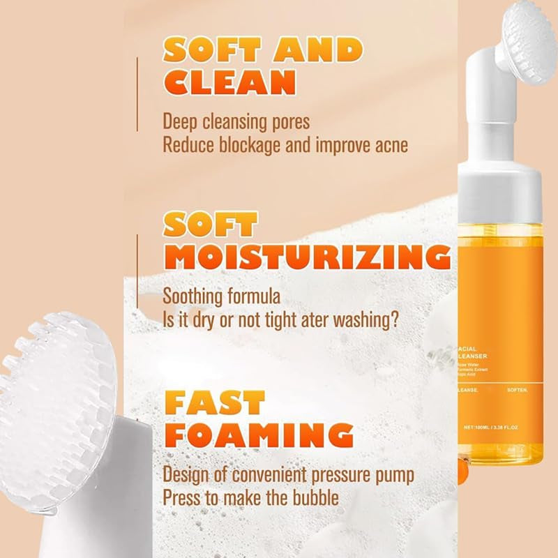 2 Pcs Turmeric Face Wash, Gentle Scrub Exfoliating Deep Cleaning Glow Wash Turmeric Face Wash with Brush.