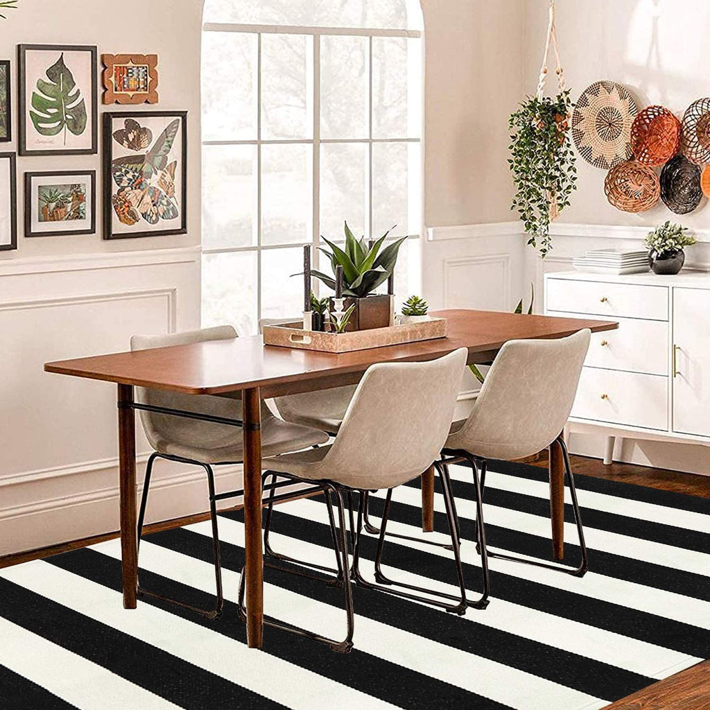 Black and White Rug 4'X 6', Washable Striped Outdoor Indoor Rug,Farmhouse Cotton Woven Layered Door Mat,Front Porch Decor Door Mat for Front Door Patio Porch Living Room Kitchen
