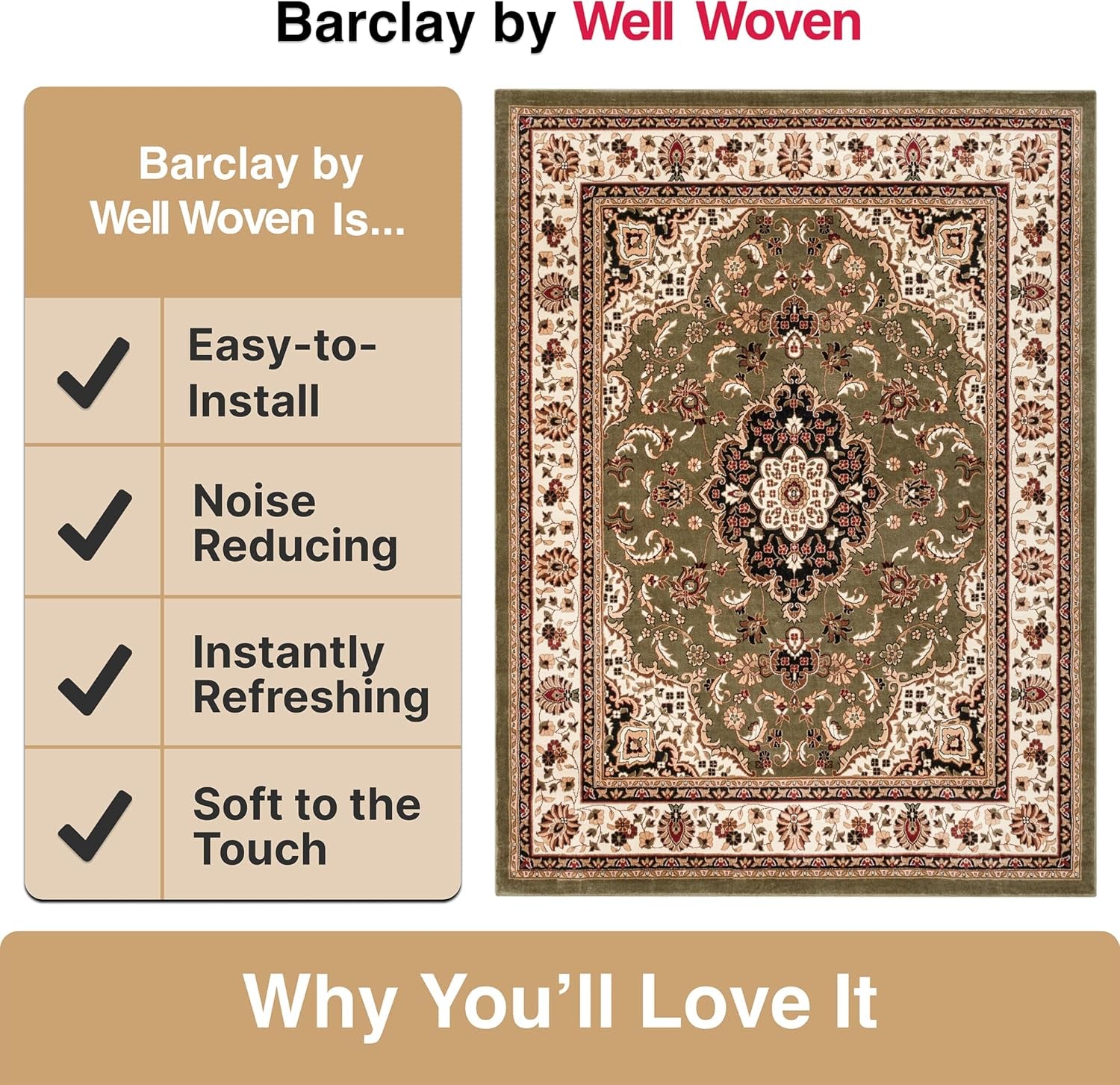 Barclay Collection Medallion Kashan Green 9X12 Area Rug - for Living Room, Bedroom, and Dining Room