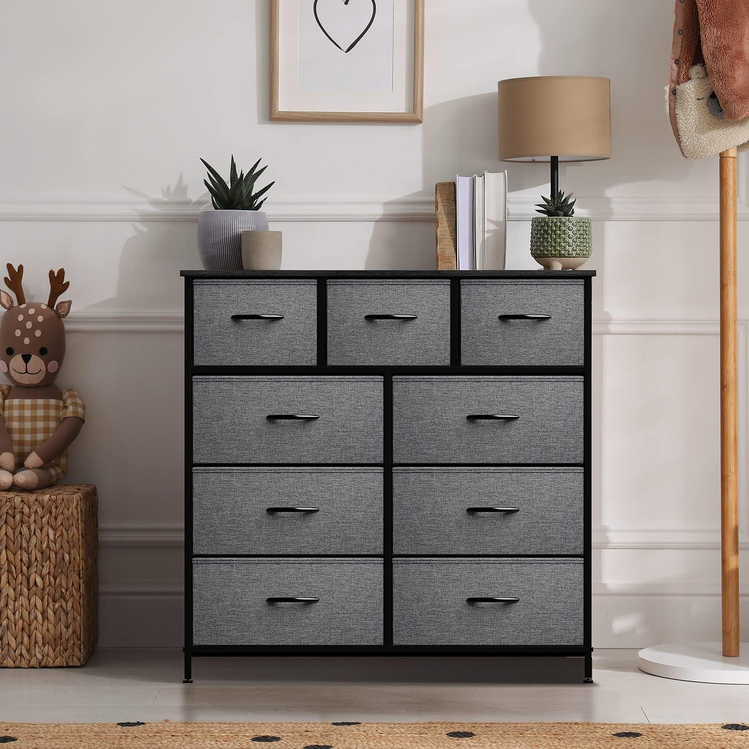 Dresser with 9 Drawers - Furniture Storage Chest Tower Unit for Bedroom, Hallway, Closet, Office Organization - Steel Frame, Wood Top, Easy Pull Fabric Bins (9 Drawers, Black)