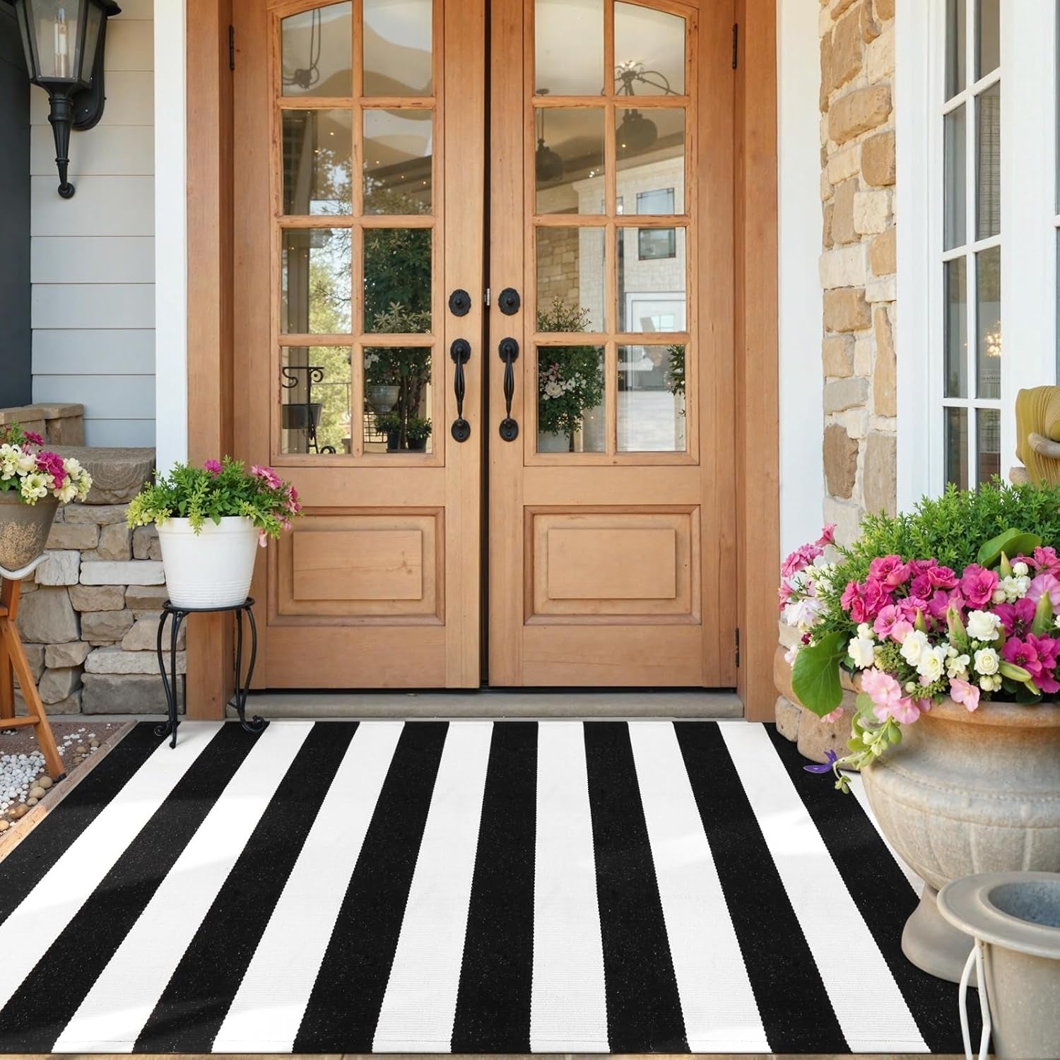 Black and White Rug 4'X 6', Washable Striped Outdoor Indoor Rug,Farmhouse Cotton Woven Layered Door Mat,Front Porch Decor Door Mat for Front Door Patio Porch Living Room Kitchen